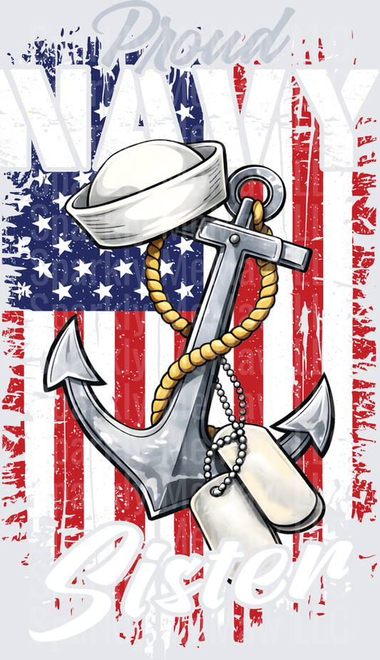 Proud Navy Anchor with Sailor Hat and Dog Tags on Distressed American Flag UV DTF Decal