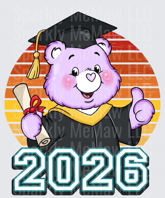 Purple Graduation Bear with Diploma 2026 Retro Sunset UV DTF Decal