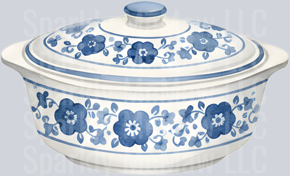Blue and White Floral Casserole Dish with Lid UV DTF Decal