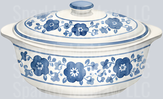 Blue and White Floral Casserole Dish with Lid UV DTF Decal