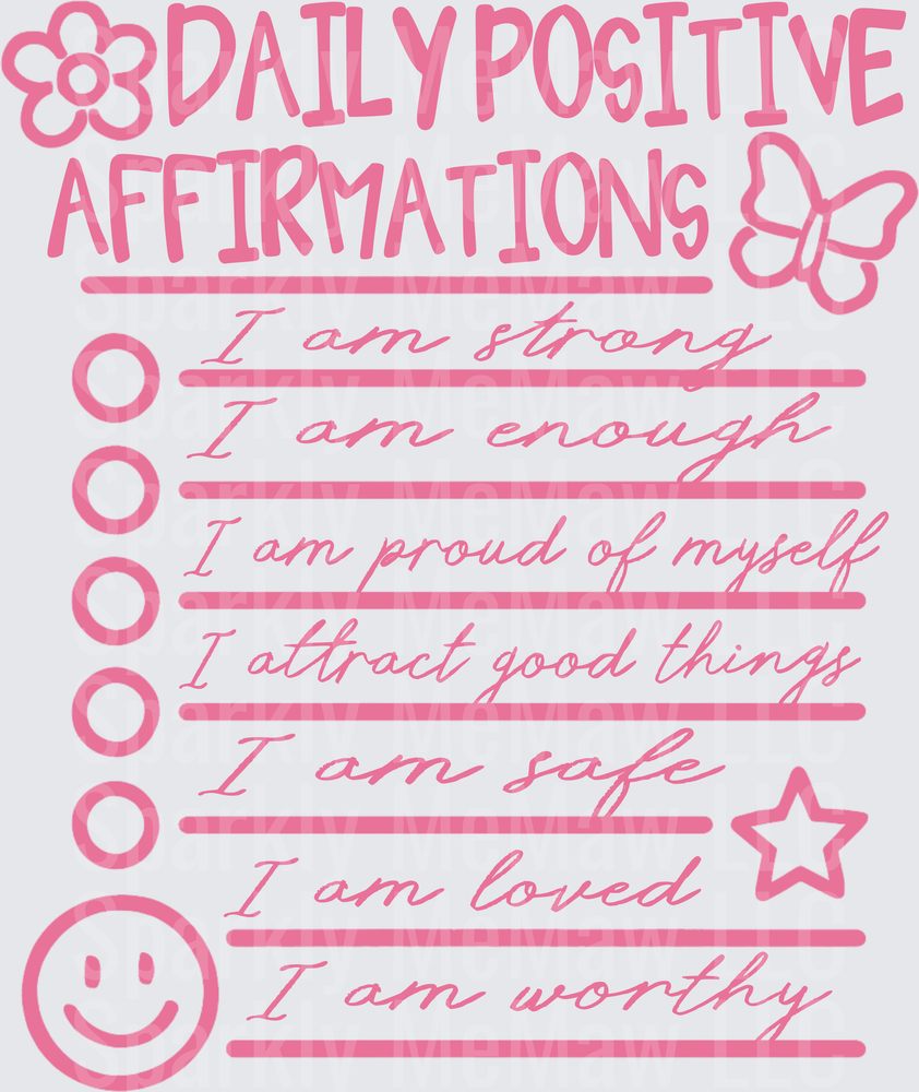 Daily Positive Affirmations Checklist with Pink Flower and Butterfly Decorative Elements UV DTF Decal