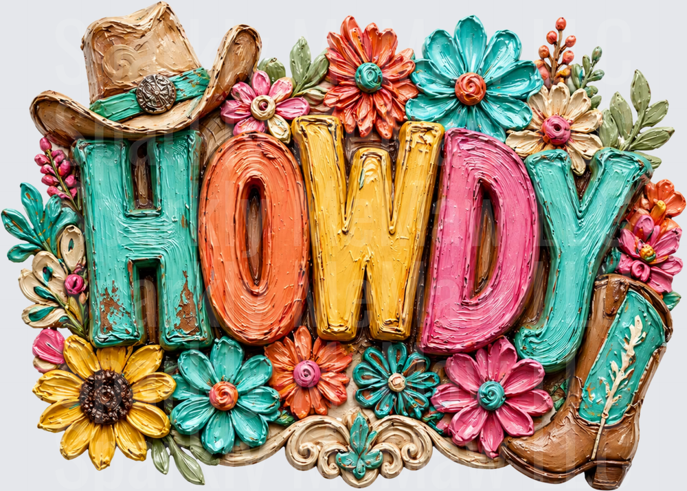 Howdy Cowboy Hat and Boots Floral Western Design UV DTF Decal