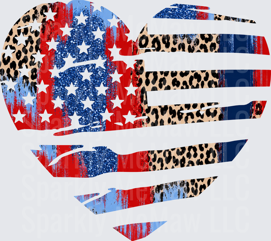 Leopard Print American Flag Heart Distressed Patriotic UV DTF Decal
