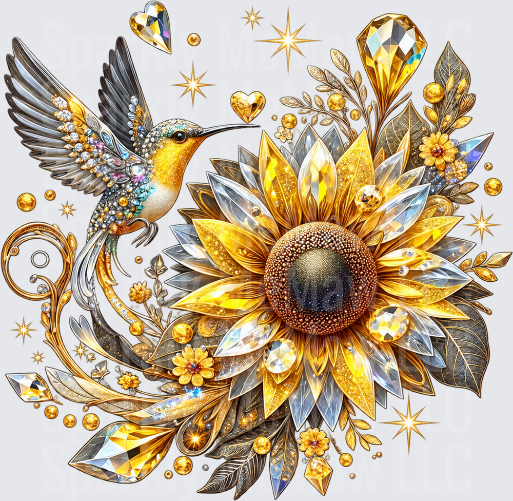 Jeweled Hummingbird Sunflower is a DTF Transfer for Fabrics