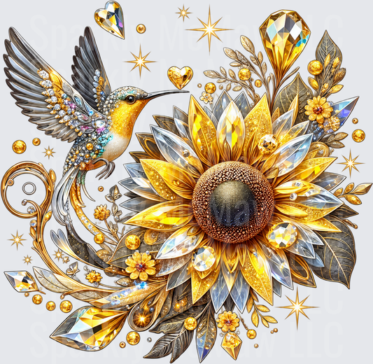 Jeweled Hummingbird Sunflower is a DTF Transfer for Fabrics