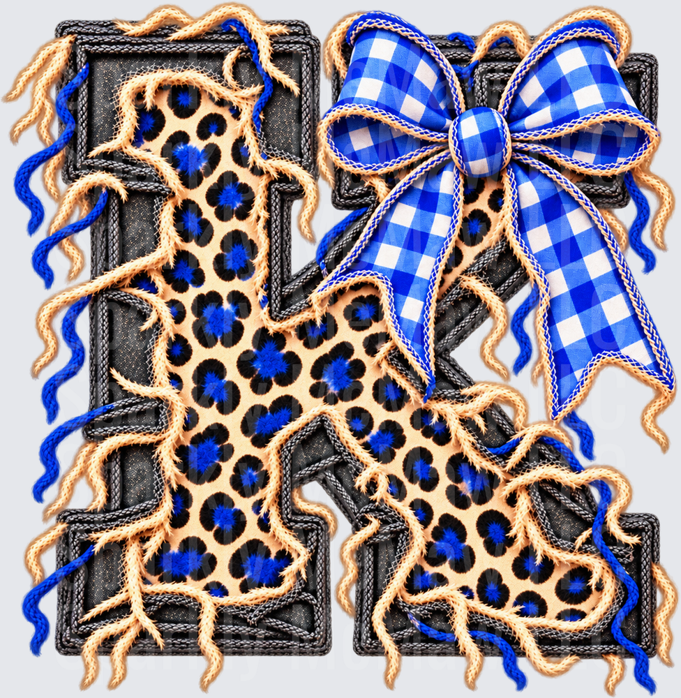 Letter K Leopard Print Blue Gingham Bow UV DTF Decal