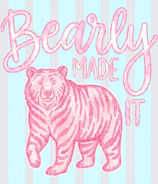 Bearly Made It Pink Watercolor Bear with Glitter Text on Blue Stripe Background DTF Transfer for Fabrics