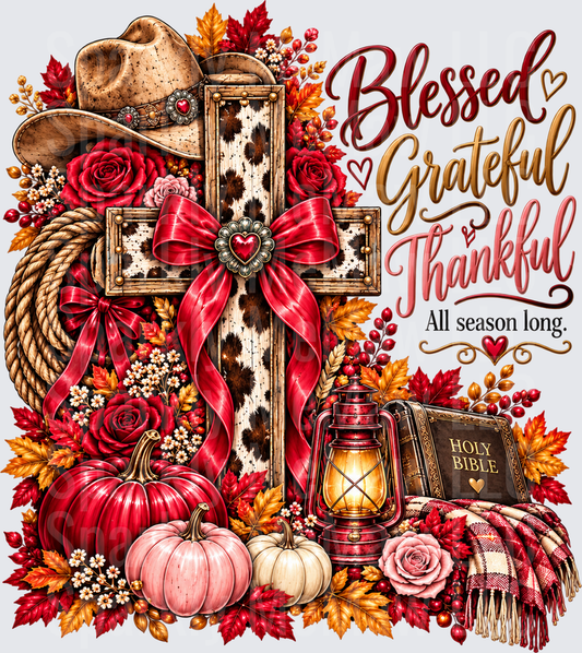 Blessed Grateful Thankful Fall Cross DTF Transfer for Fabrics