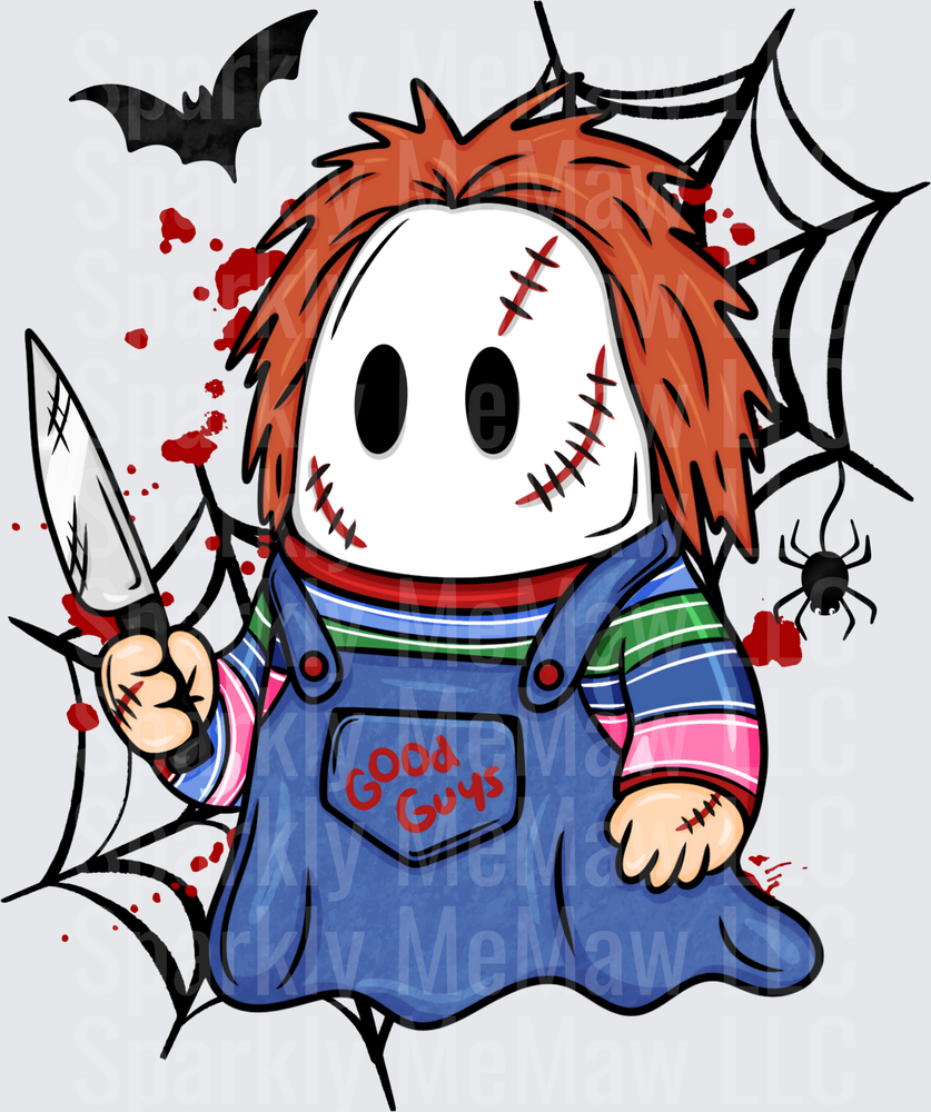 Cute Chucky Good Guys Doll Chibi Ghost Halloween Horror Knife Blood Splatter Spider Web Bats DTF Transfer for Fabrics