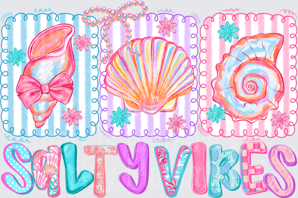 Salty Vibes Seashells and Conch Shell Trio with Decorative Frames DTF Transfer for Fabric