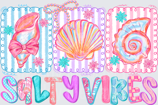 Salty Vibes Seashells and Conch Shell Trio with Decorative Frames DTF Transfer for Fabric