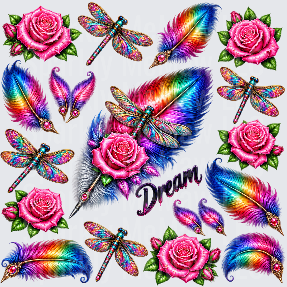 Rainbow Dream Roses Dragonflies Feathers – This is a 10x10 UV DTF Cut and Stick Sheet