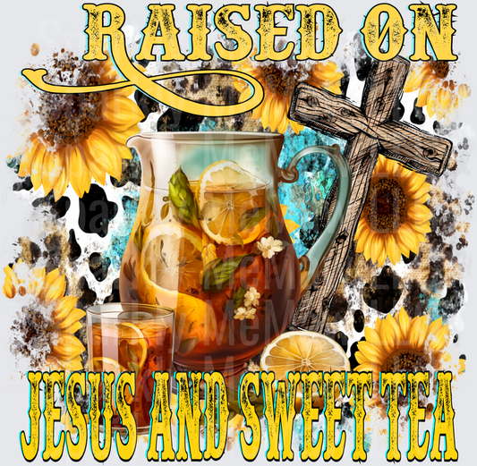 Raised on Jesus and Sweet Tea UV DTF Decal with Sunflowers Cross and Pitcher