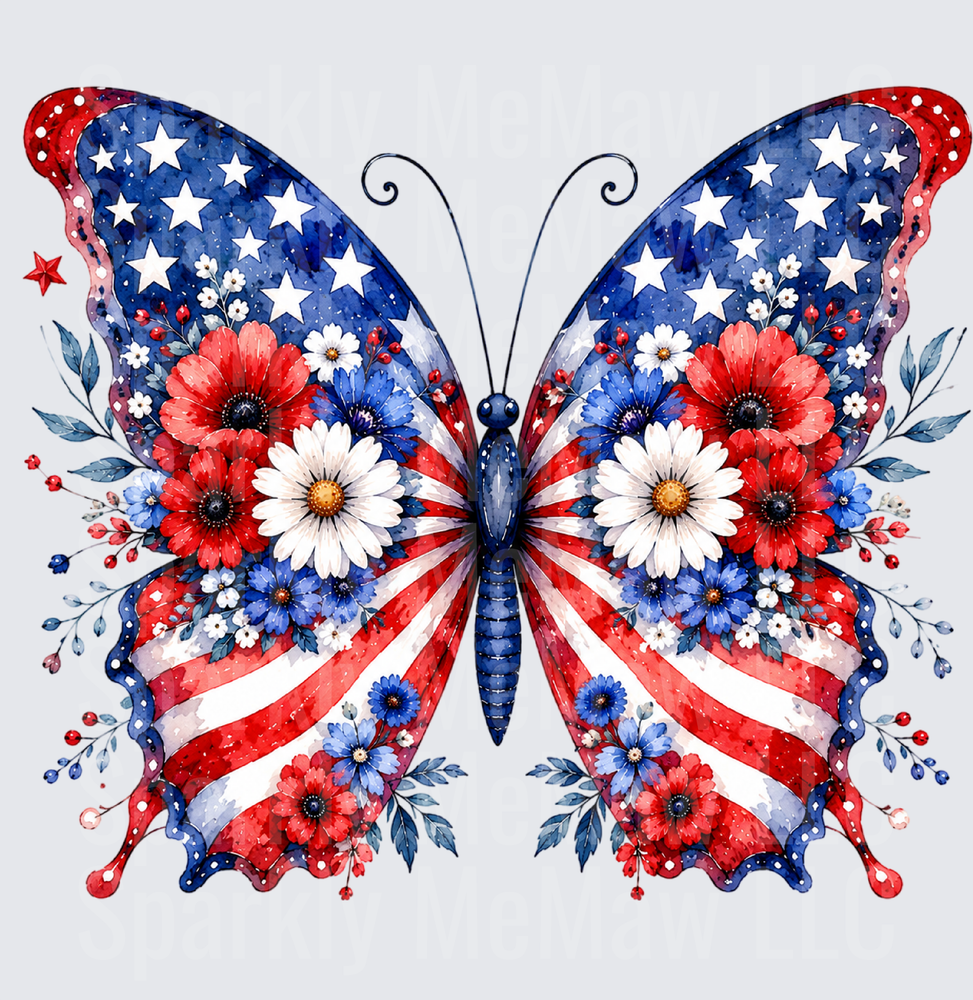 Patriotic Butterfly with American Flag Stars and Stripes Floral Wings UV DTF Decal
