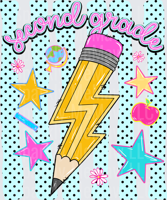 Second Grade Lightning Bolt Pencil with Stars Apple and Globe School DTF Transfer for Fabric