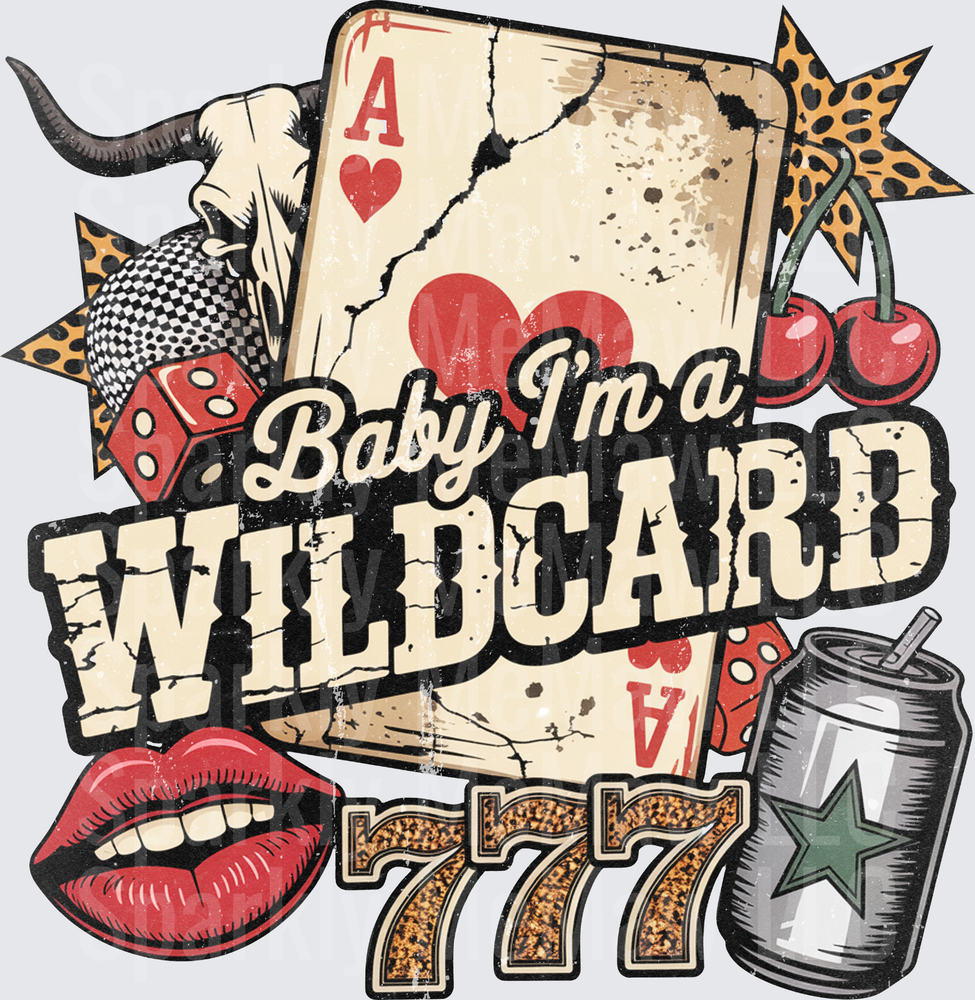 Baby I'm A Wildcard Vintage Ace of Hearts Playing Card Bull Skull Dice Cherries Lucky 777 Red Lips Energy Drink UV DTF Decal