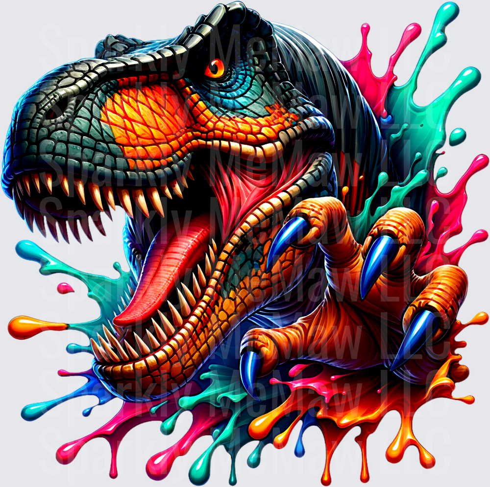 Fierce T-Rex Dinosaur Head with Colorful Paint Splashes UV DTF Decal