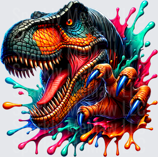 Fierce T-Rex Dinosaur Head with Colorful Paint Splashes UV DTF Decal