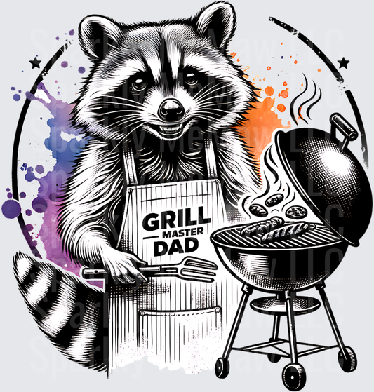 Raccoon Grill Master Dad BBQ Chef with Kettle Grill and Colorful Paint Splashes UV DTF Decal