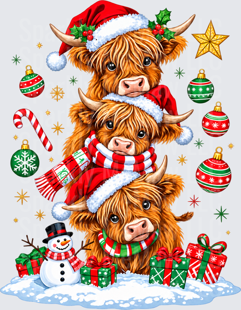Three Stacked Christmas Highland Cows is a UV DTF Decal