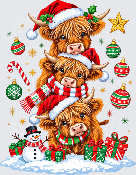 Three Stacked Christmas Highland Cows is a UV DTF Decal