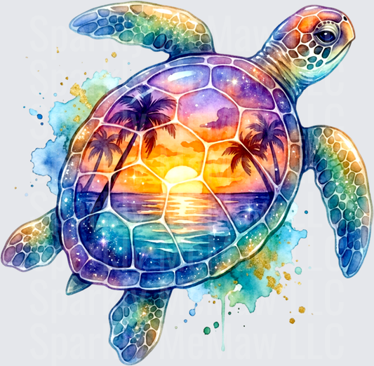 Watercolor Sea Turtle with Tropical Sunset Palm Tree Scene UV DTF Decal