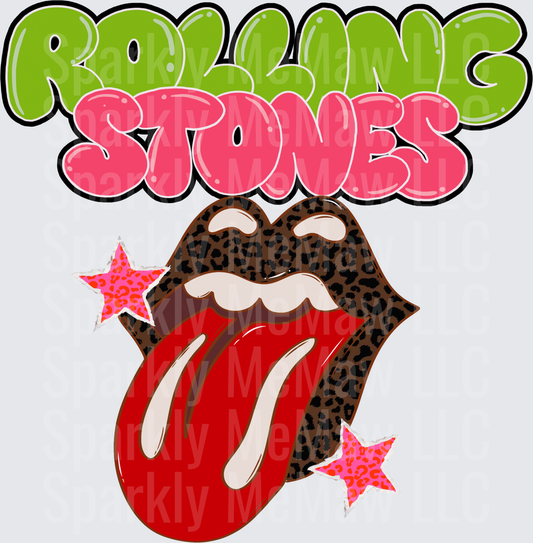 Rolling Stones Leopard Print Lips and Tongue with Retro Bubble Letters and Pink Stars DTF Transfer for Fabrics