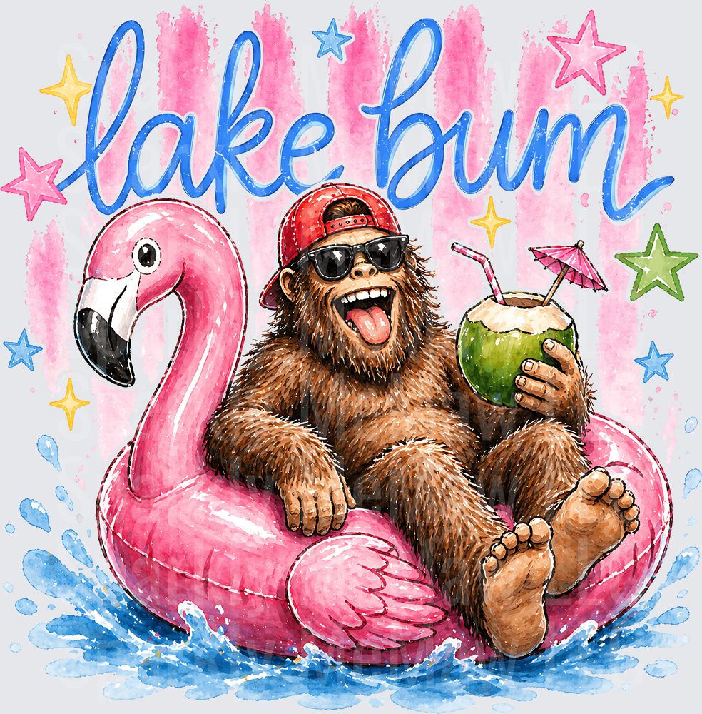 Lake Bum Sasquatch on Pink Flamingo Pool Float with Coconut Drink UV DTF Decal