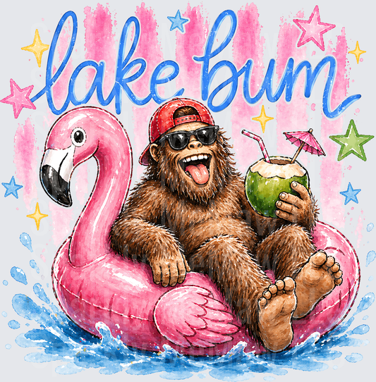 Lake Bum Sasquatch on Pink Flamingo Pool Float with Coconut Drink UV DTF Decal