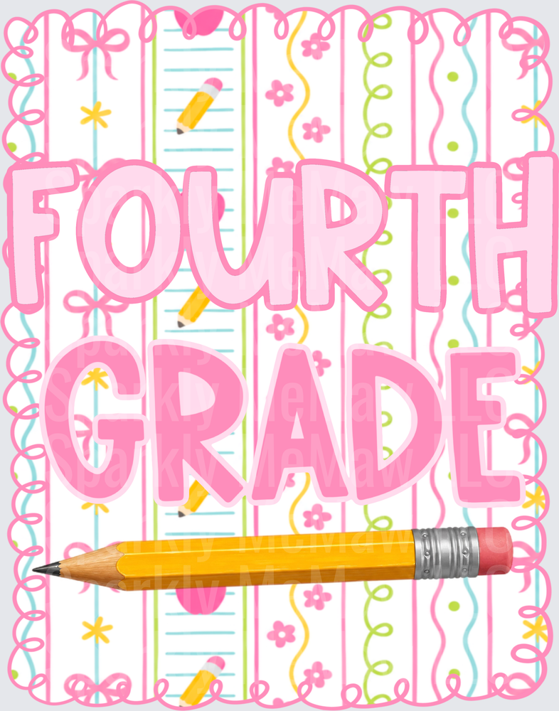 Fourth Grade Back to School DTF Heat Transfer with Pink Typography and Pencil Design for Fabric