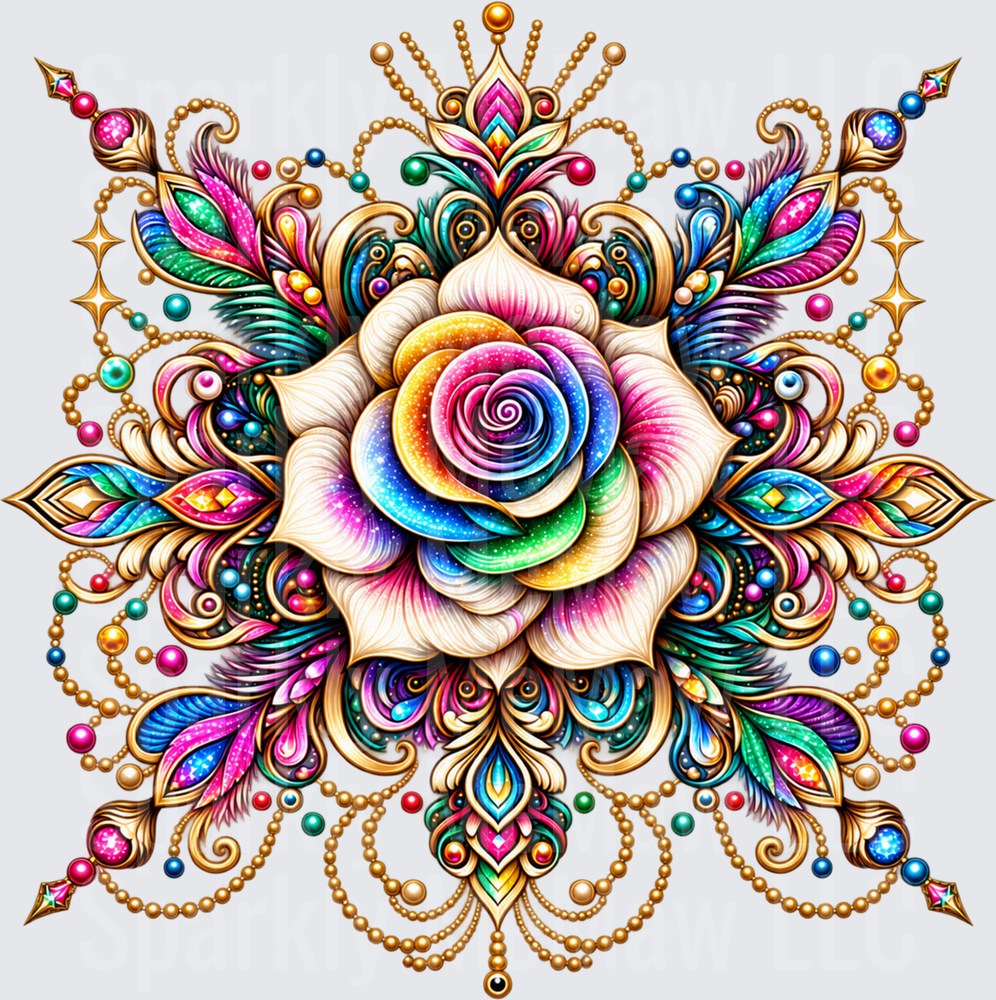 Rainbow Rose Jeweled Mandala UV DTF Decal