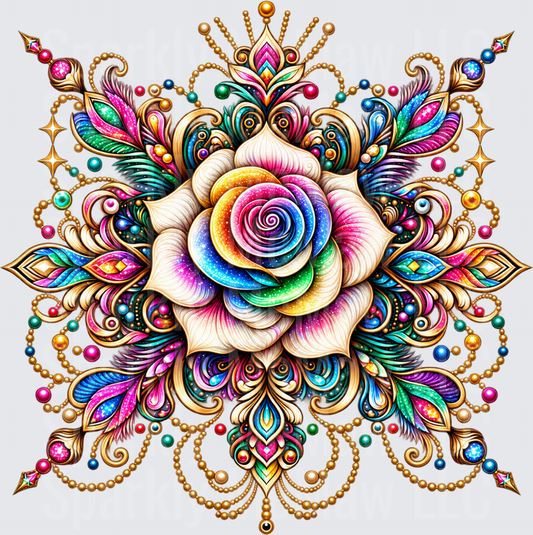 Rainbow Rose Jeweled Mandala UV DTF Decal