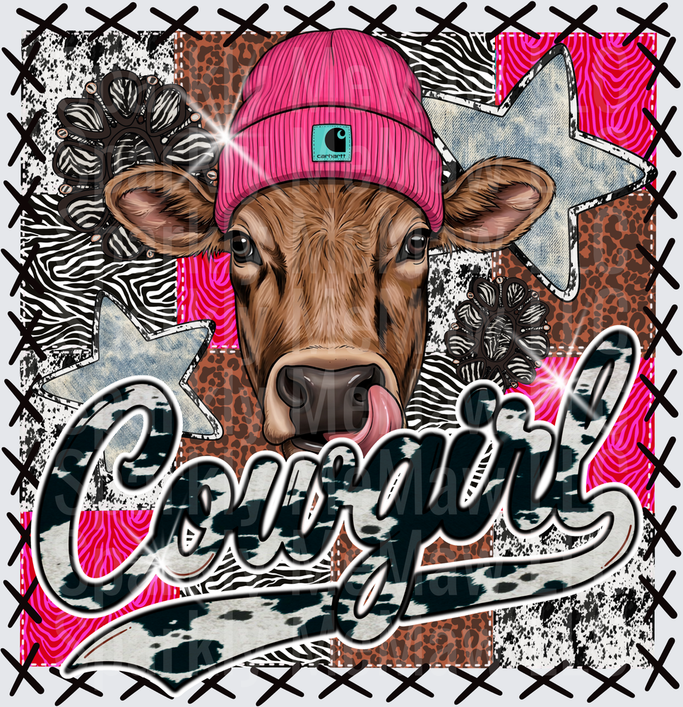 Cowgirl Brown Cow in Pink Beanie with Patchwork Animal Print Background Chain Link Border UV DTF Decal