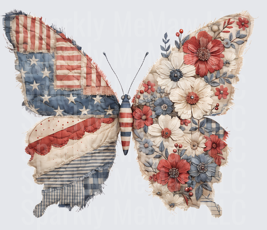 Vintage American Flag Butterfly with Patchwork Floral Wings