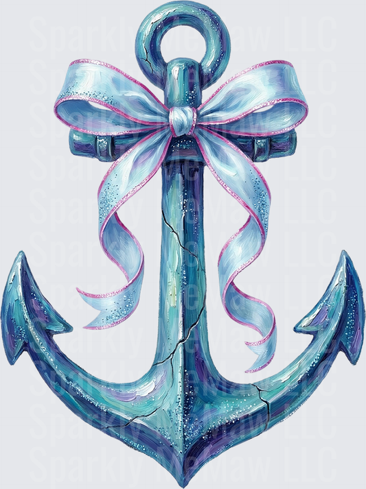 Blue Watercolor Anchor with Pink Ribbon Bow UV DTF Decal