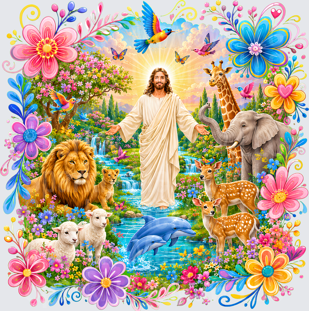 Jesus With Animals Garden of Eden UV DTF Decal