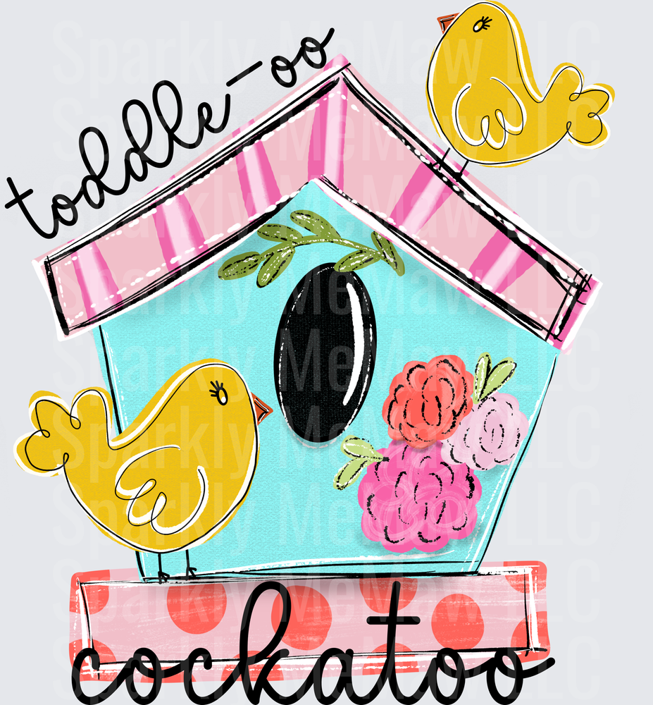 Toodle-oo Cockatoo Birdhouse with Yellow Birds and Pink Flowers UV DTF Decal