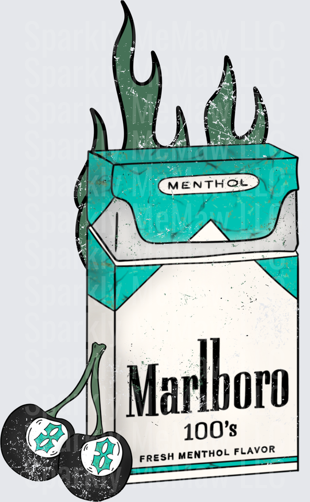 Vintage Menthol Cigarette Pack with Burning Flames and Cherries UV DTF Decal