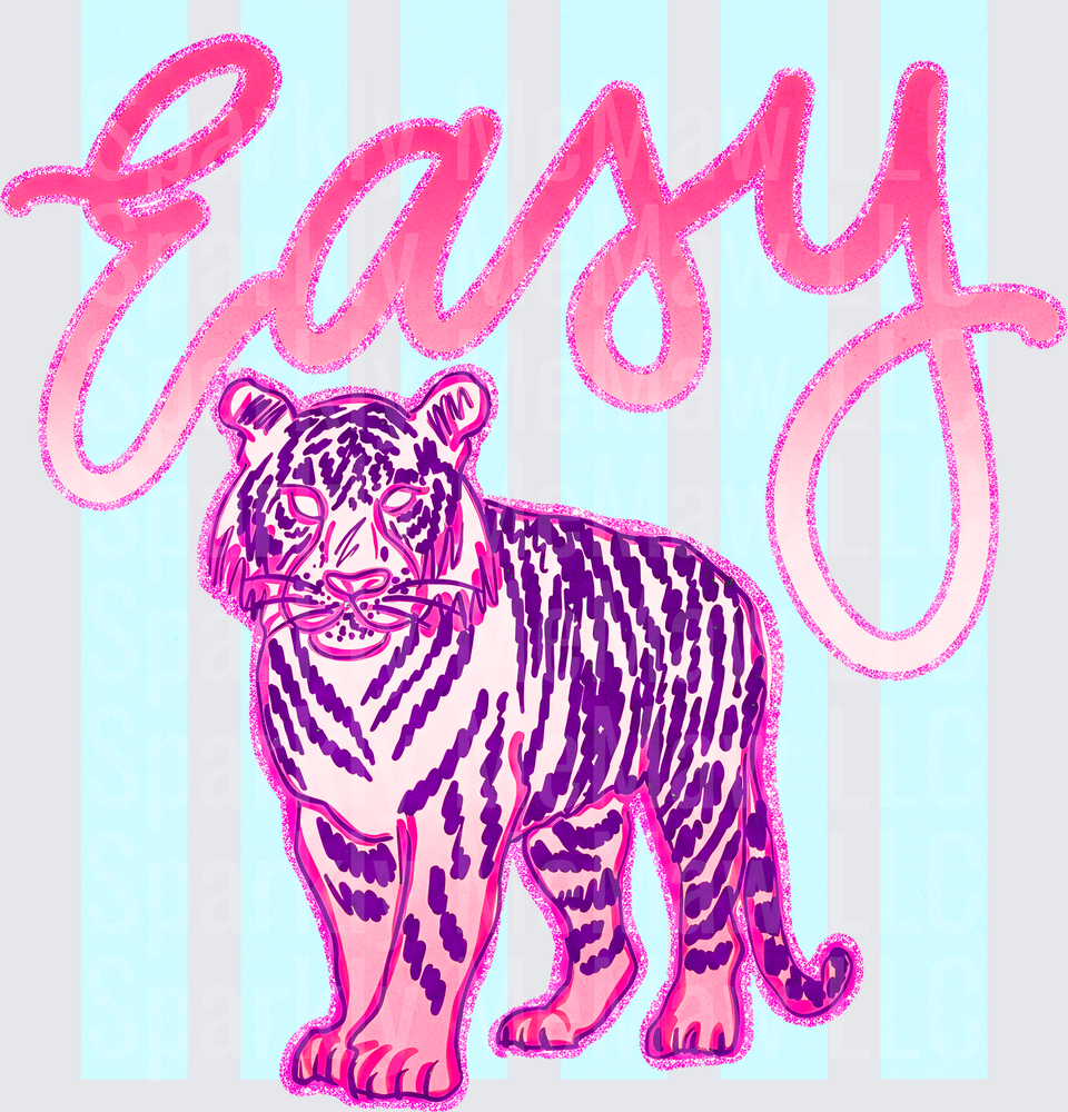 Sassy Pink and Purple Tiger with Glitter Script on Blue Stripe Background DTF Transfer for Fabrics