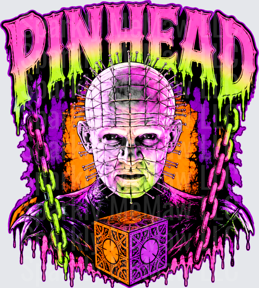 Pinhead Hellraiser Horror Icon with Lament Configuration Puzzle Box and Chains Neon Drip DTF Transfer for Fabrics