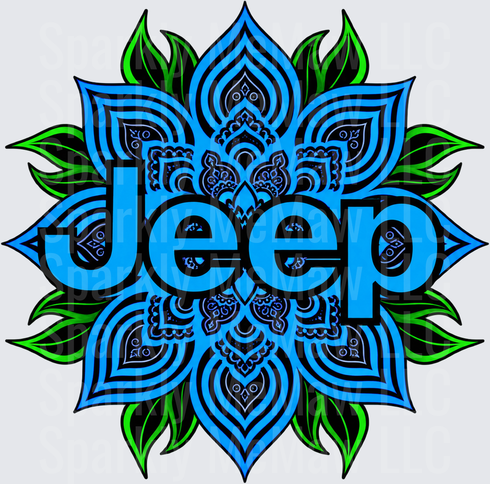 Jeep Mandala Floral Blue Green UV DTF DECAL (HARD SMOOTH SURFACE)