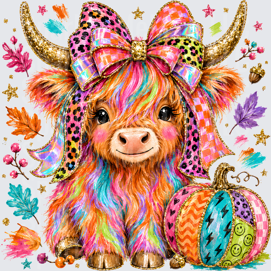 Colorful Rainbow Highland Cow with Leopard Print Bow and Patterned Fall Pumpkin UV DTF Decal