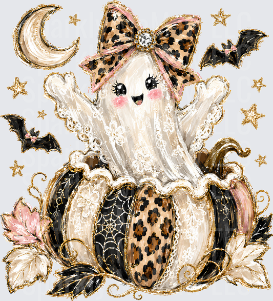 Cute Girly Ghost with Leopard Print Bow Sitting on Halloween Pumpkins with Bats and Crescent Moon DTF Transfer for Fabrics