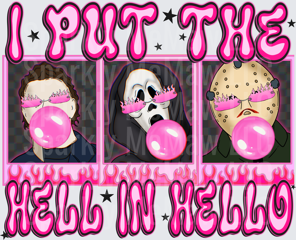 I Put The Hell In Hello Horror Icons Michael Myers Ghostface Jason Voorhees Pink Bubblegum Flame Sunglasses UV DTF Decal