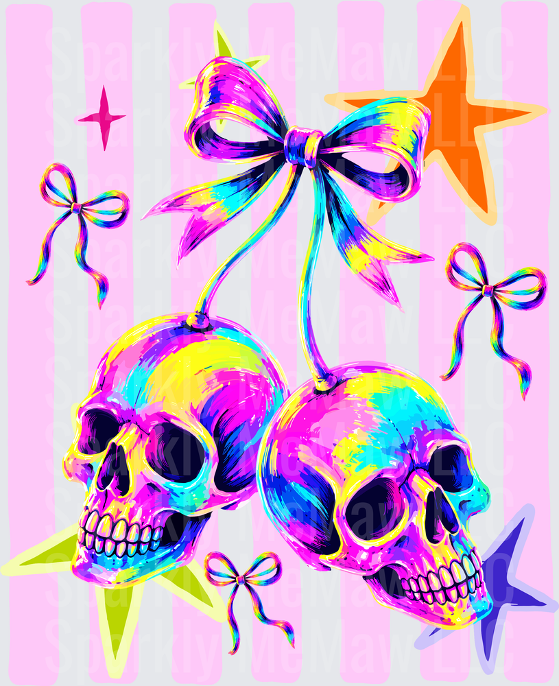 Rainbow Skulls with Bow Pink Stripes Stars UV DTF Decal