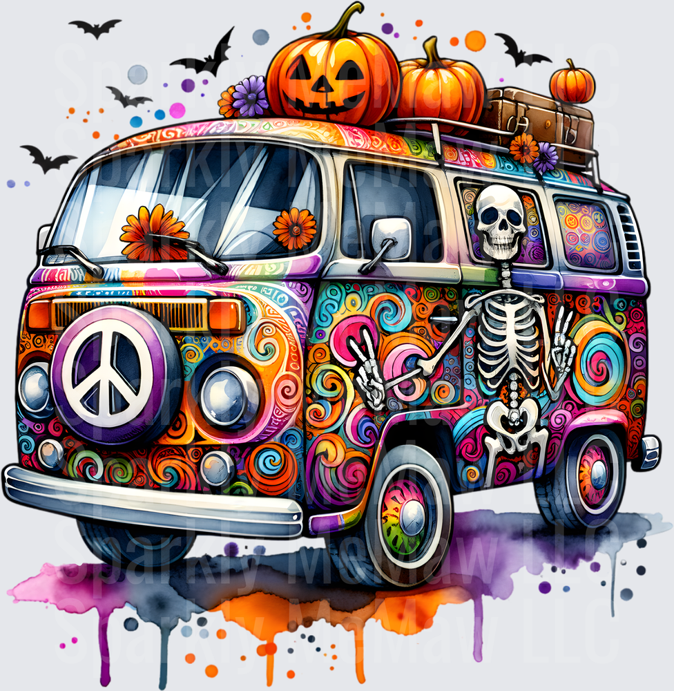 Halloween Hippie Van with Peace Sign and Skeleton Decorations DTF Transfer for Fabric