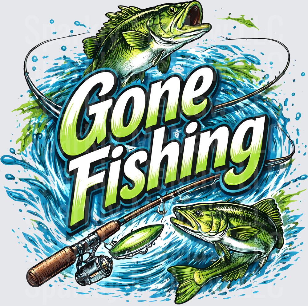 Gone Fishing Bass with Rod and Water Splash Design