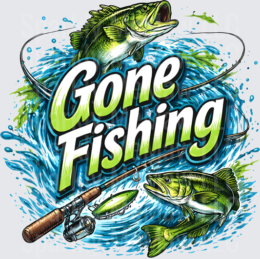 Gone Fishing Bass with Rod and Water Splash Design