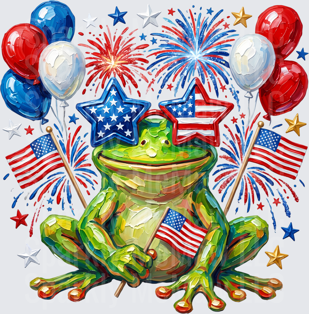 Patriotic Frog with American Flag Stars Fireworks and Balloons UV DTF Decal