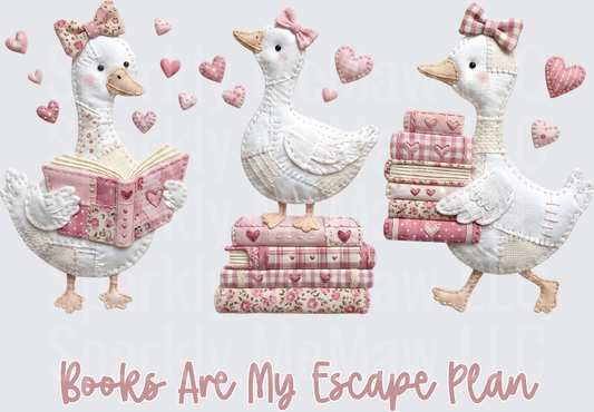 Books Are My Escape Plan Cute Cottagecore Geese Reading Pink Books Quilted Felt Style DTF Transfer for fabrics